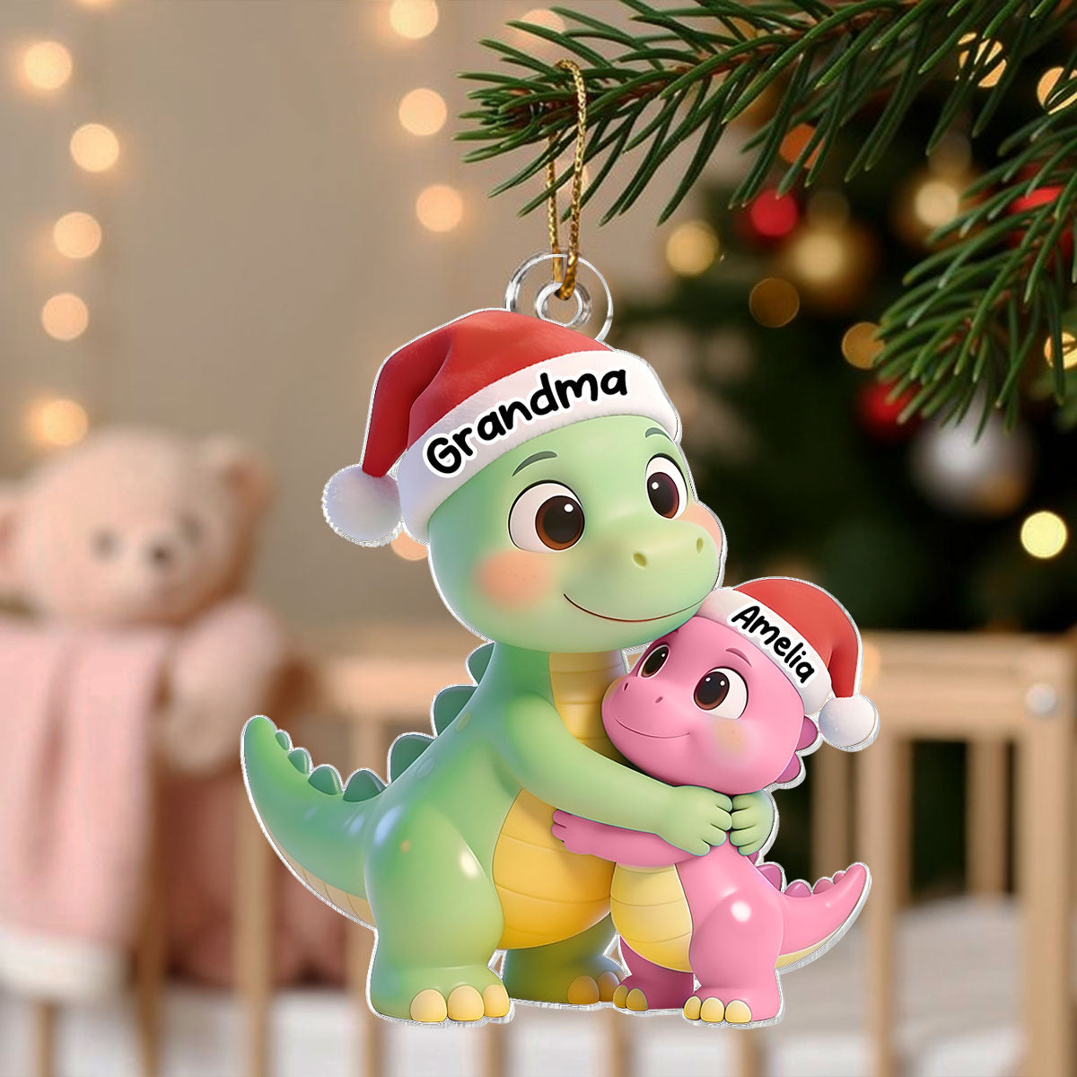 3D Effect Heartwarming Happy Grandmasaurus With Dinosaur Grandkid - Personalized Acrylic Car Hanger - Gift For Grandkids