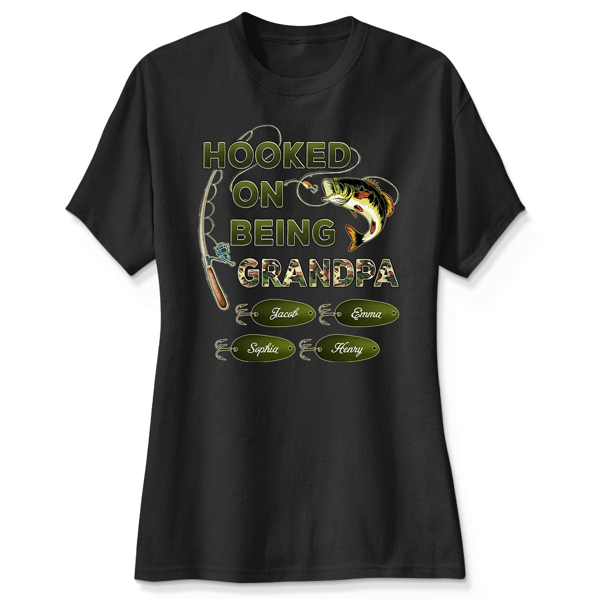 Hooked On Being Grandpa Papa Fishing Camouflage Personalized Dark Color Shirt, Father's Day Gift For Grandpa, Dad, Husband