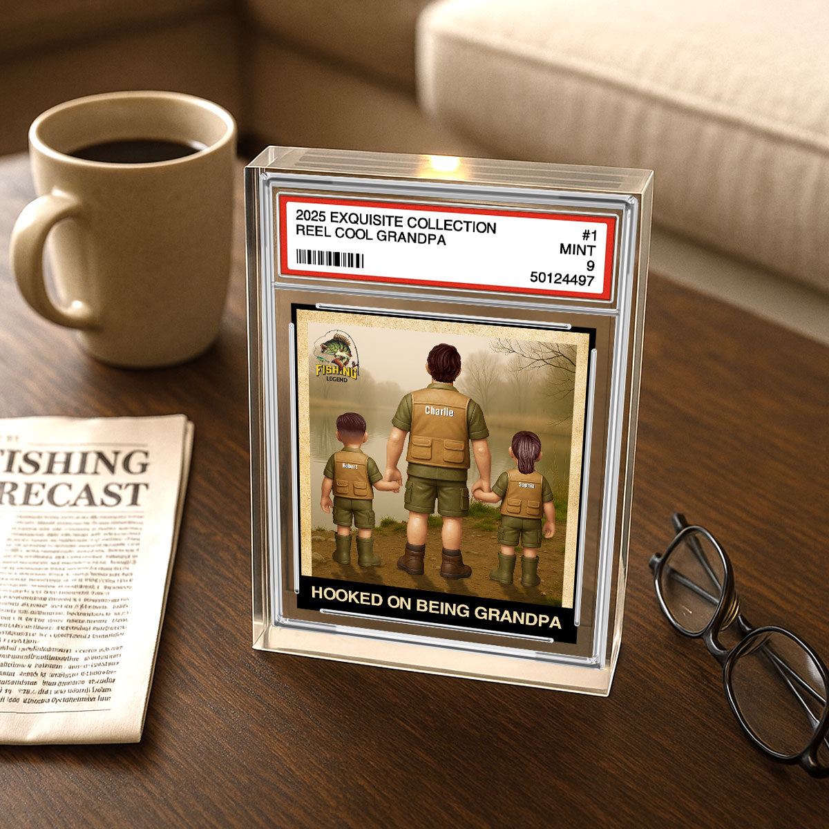 Fishing No. 1 Grandpa Dad Man & Kids Trading Card Style Personalized Acrylic Block Plaque