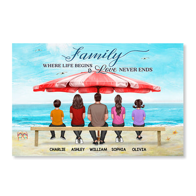 Family Back View Sitting On Bench At Beach Personalized Horizontal Poster