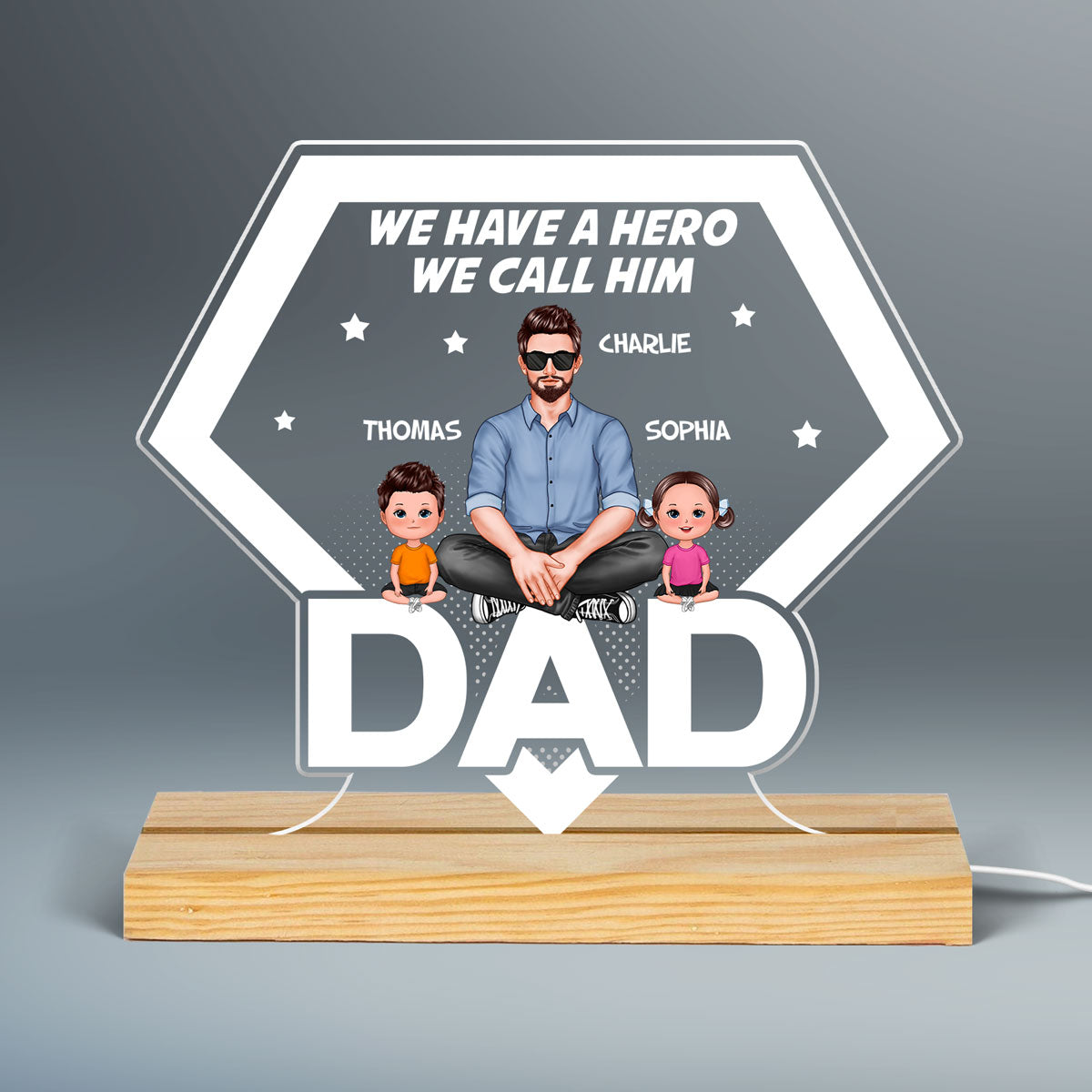 Hero Dad Real Man And Kids Personalized Acrylic Custom Shape LED Night Light