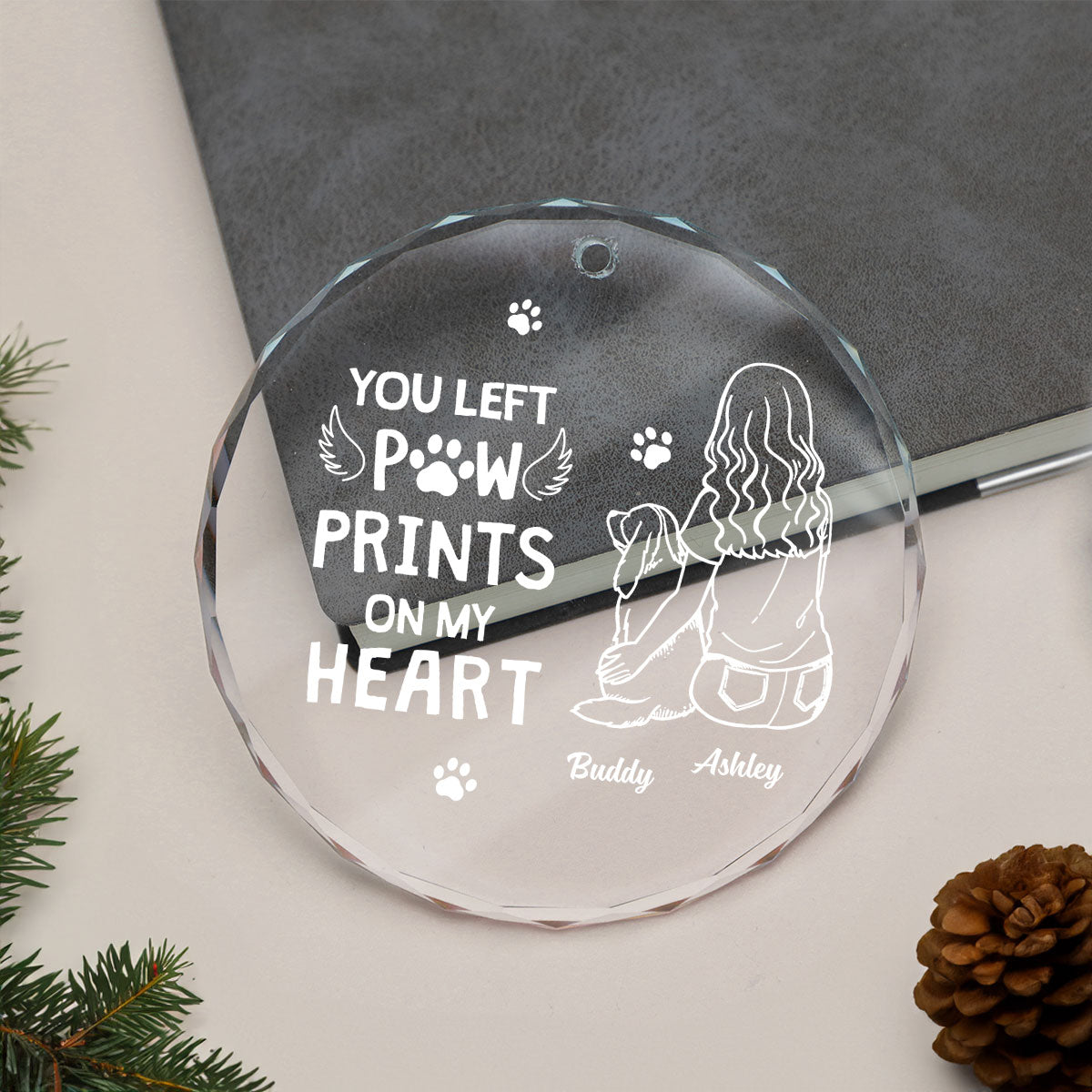 Dog Memorial Outline Personalized Glass Ornament, Christmas Keepsake