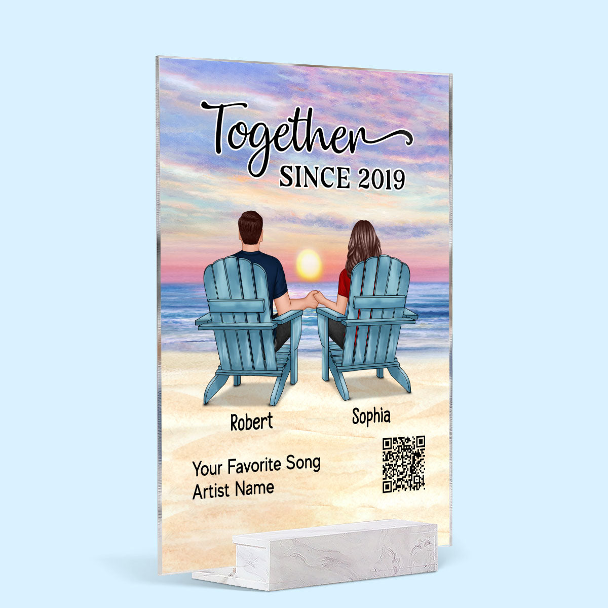 Couple Back View Sitting At Beach Favorite Song QR Code Personalized Acrylic Plaque