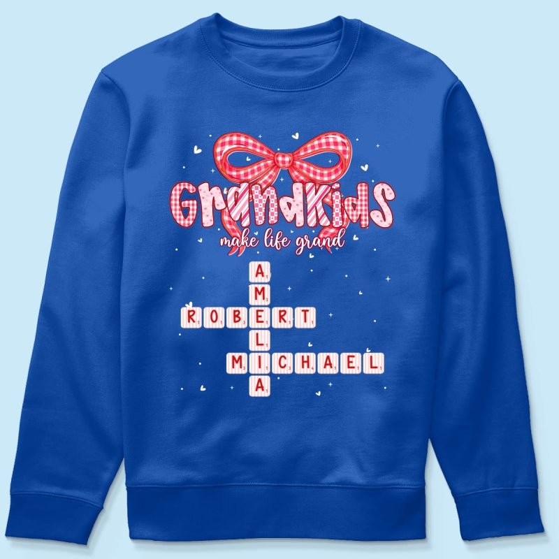 Grandkids Make Life Grand Preppy Valentine Pattern Crossword Puzzle Art - Personalized Shirt - Valentine's Day Gift For Grandma