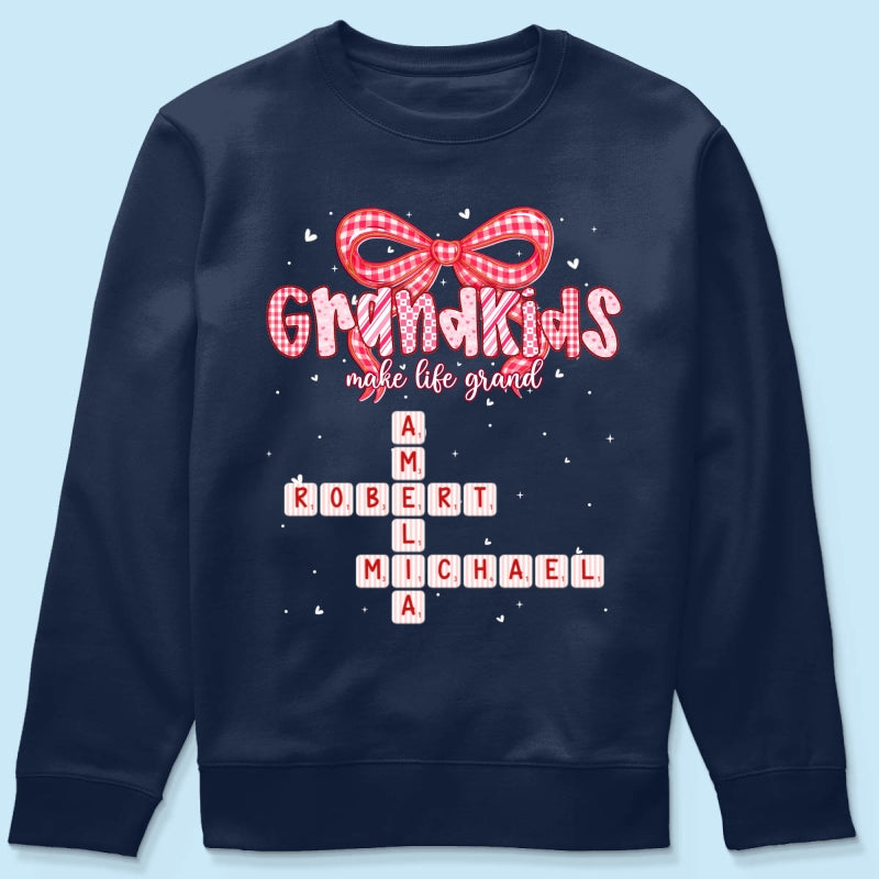 Grandkids Make Life Grand Preppy Valentine Pattern Crossword Puzzle Art - Personalized Shirt - Valentine's Day Gift For Grandma