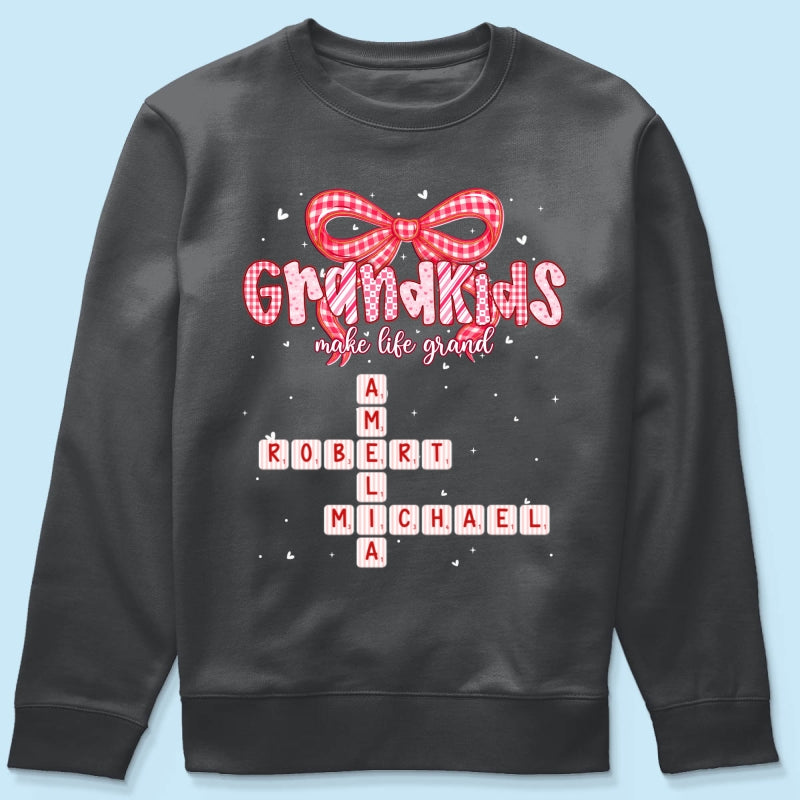 Grandkids Make Life Grand Preppy Valentine Pattern Crossword Puzzle Art - Personalized Shirt - Valentine's Day Gift For Grandma
