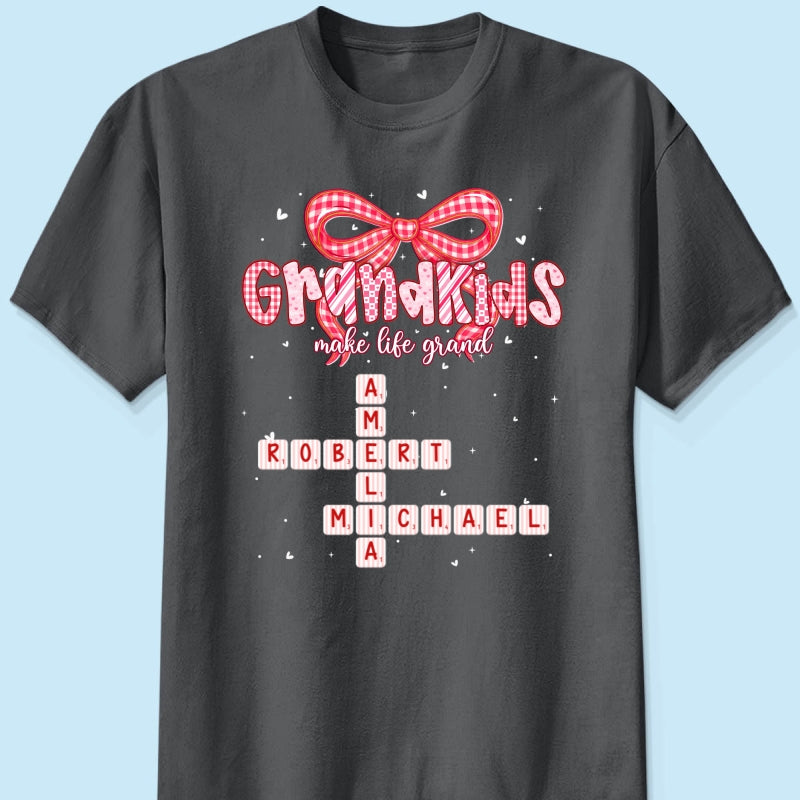 Grandkids Make Life Grand Preppy Valentine Pattern Crossword Puzzle Art - Personalized Shirt - Valentine's Day Gift For Grandma