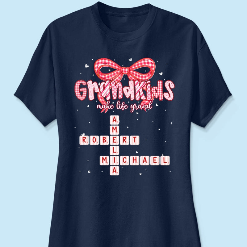 Grandkids Make Life Grand Preppy Valentine Pattern Crossword Puzzle Art - Personalized Shirt - Valentine's Day Gift For Grandma