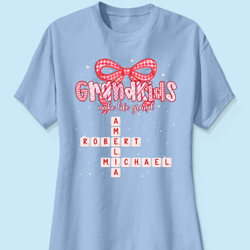 Grandkids Make Life Grand Preppy Valentine Pattern Crossword Puzzle Art - Personalized Shirt - Valentine's Day Gift For Grandma