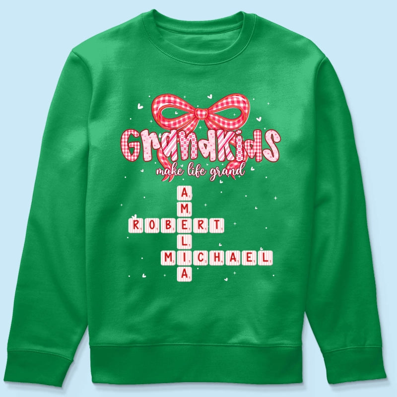 Grandkids Make Life Grand Preppy Valentine Pattern Crossword Puzzle Art - Personalized Shirt - Valentine's Day Gift For Grandma