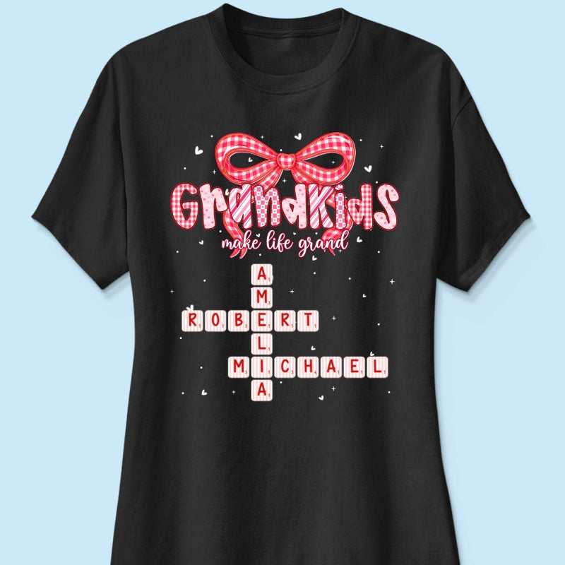 Grandkids Make Life Grand Preppy Valentine Pattern Crossword Puzzle Art - Personalized Shirt - Valentine's Day Gift For Grandma
