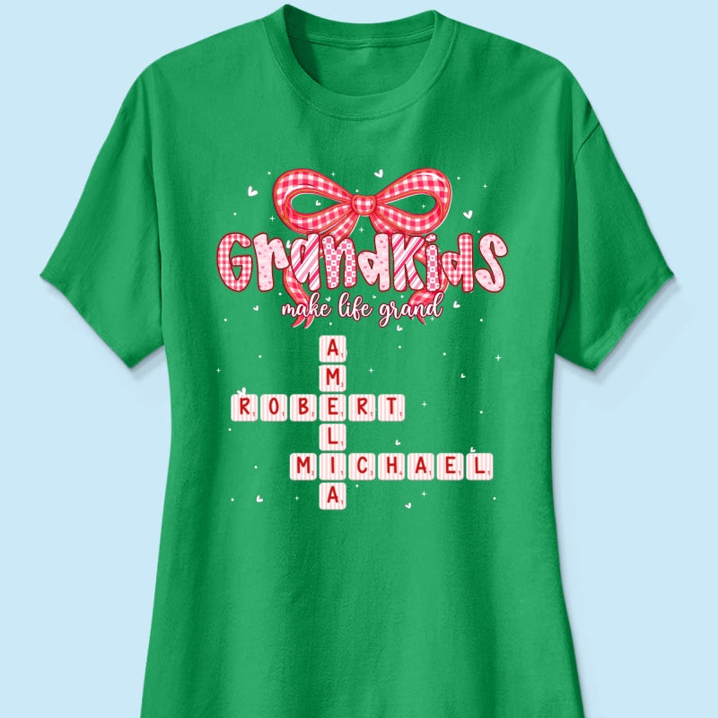 Grandkids Make Life Grand Preppy Valentine Pattern Crossword Puzzle Art - Personalized Shirt - Valentine's Day Gift For Grandma