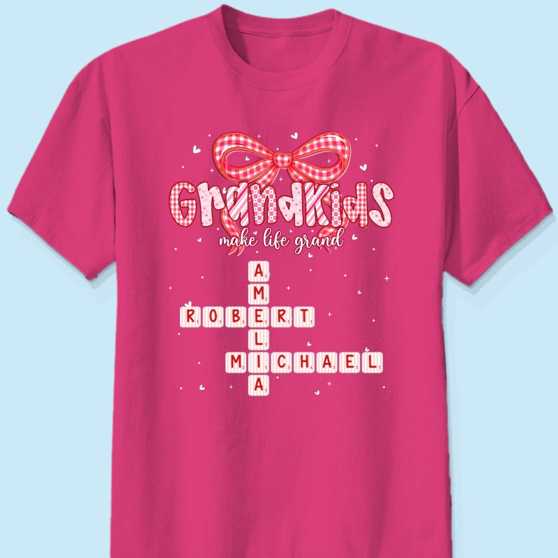 Grandkids Make Life Grand Preppy Valentine Pattern Crossword Puzzle Art - Personalized Shirt - Valentine's Day Gift For Grandma