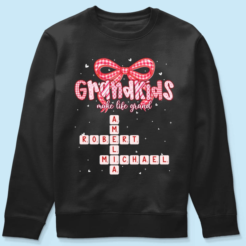 Grandkids Make Life Grand Preppy Valentine Pattern Crossword Puzzle Art - Personalized Shirt - Valentine's Day Gift For Grandma