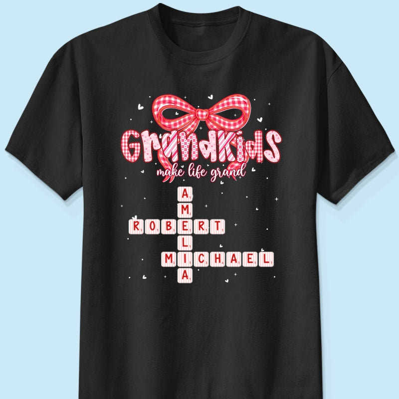 Grandkids Make Life Grand Preppy Valentine Pattern Crossword Puzzle Art - Personalized Shirt - Valentine's Day Gift For Grandma