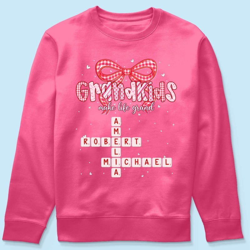 Grandkids Make Life Grand Preppy Valentine Pattern Crossword Puzzle Art - Personalized Shirt - Valentine's Day Gift For Grandma