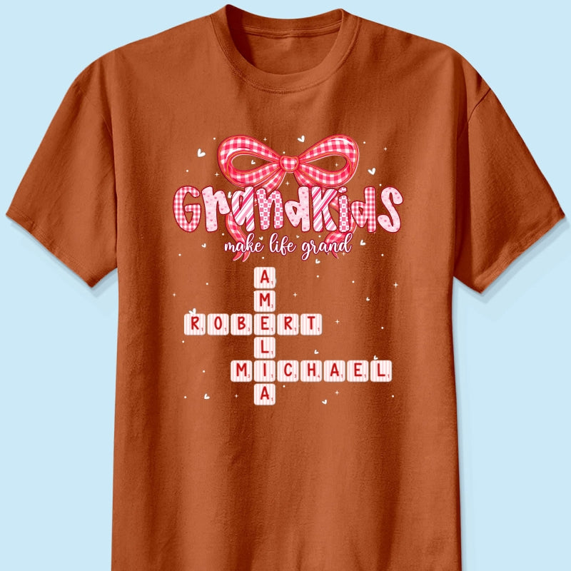 Grandkids Make Life Grand Preppy Valentine Pattern Crossword Puzzle Art - Personalized Shirt - Valentine's Day Gift For Grandma