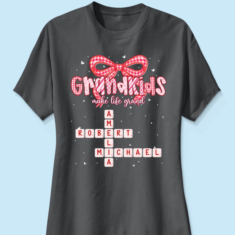 Grandkids Make Life Grand Preppy Valentine Pattern Crossword Puzzle Art - Personalized Shirt - Valentine's Day Gift For Grandma
