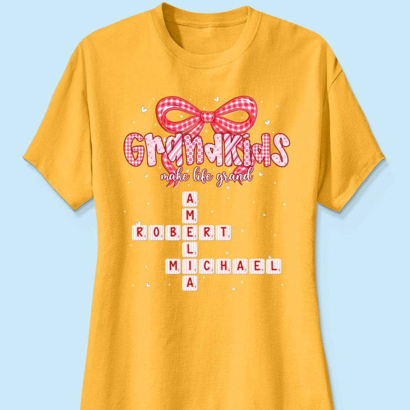 Grandkids Make Life Grand Preppy Valentine Pattern Crossword Puzzle Art - Personalized Shirt - Valentine's Day Gift For Grandma