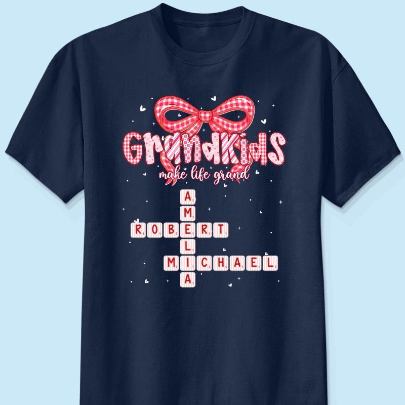 Grandkids Make Life Grand Preppy Valentine Pattern Crossword Puzzle Art - Personalized Shirt - Valentine's Day Gift For Grandma