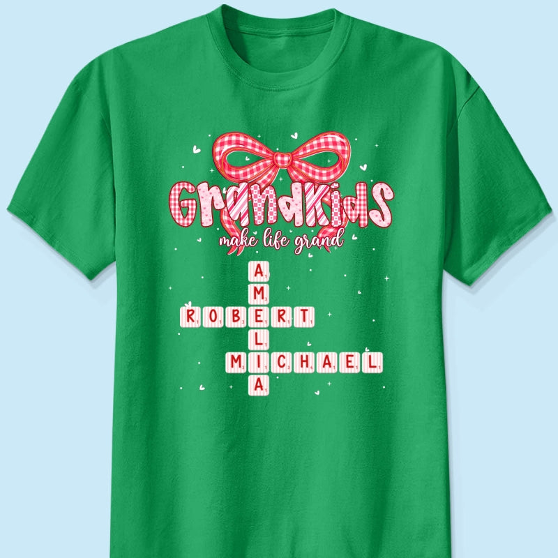 Grandkids Make Life Grand Preppy Valentine Pattern Crossword Puzzle Art - Personalized Shirt - Valentine's Day Gift For Grandma