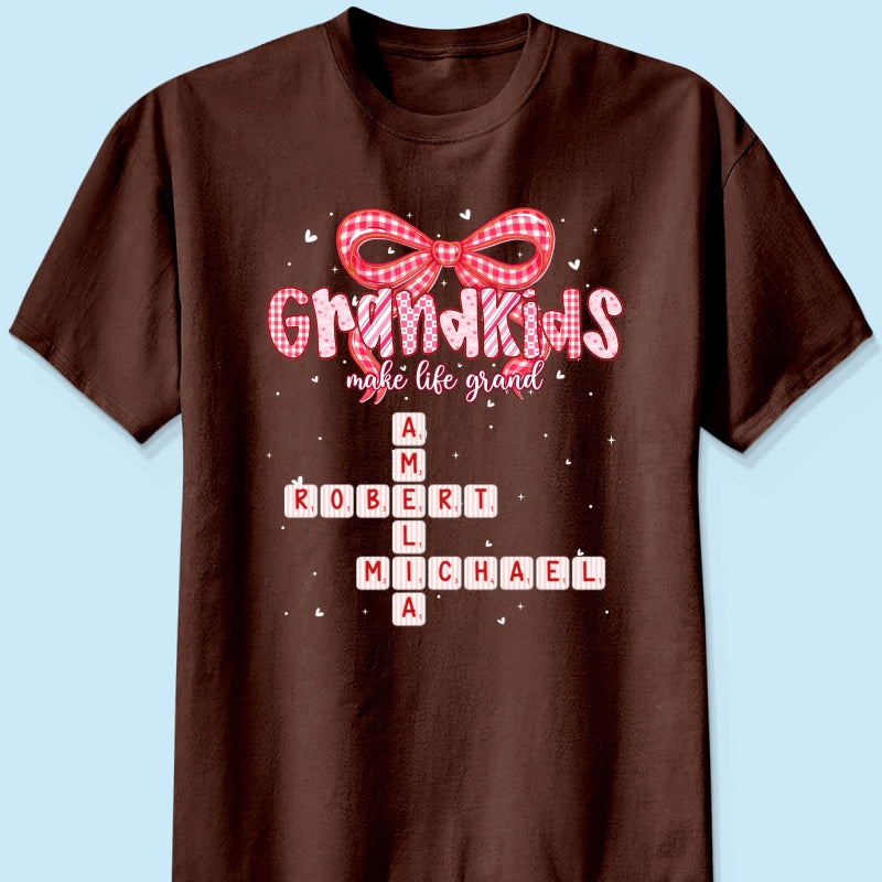 Grandkids Make Life Grand Preppy Valentine Pattern Crossword Puzzle Art - Personalized Shirt - Valentine's Day Gift For Grandma