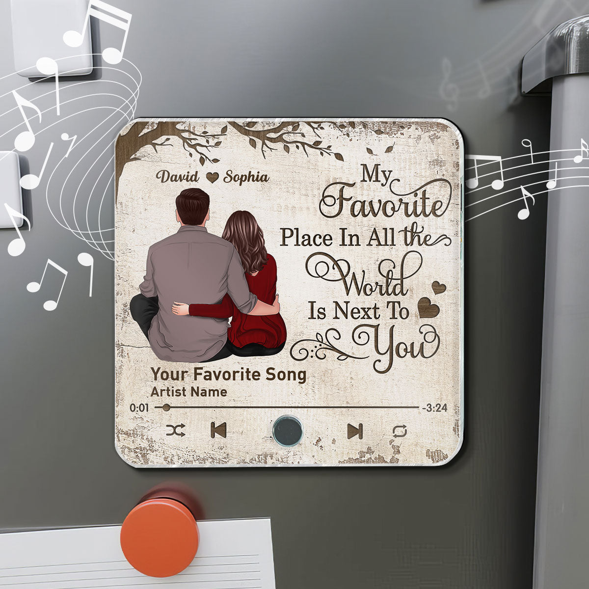Favorite Place In The World Couple Sitting Back View Personalized Music Fridge Magnet,  Gift For Him, For Her