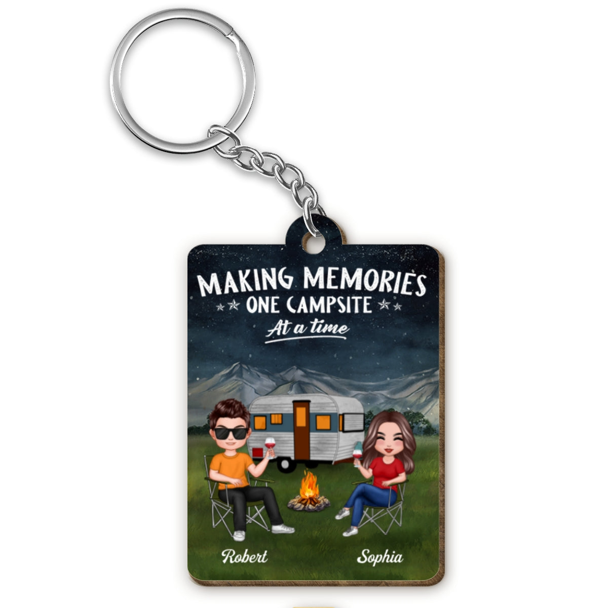 Couple Making Memories Camping Personalized Wooden Keychain