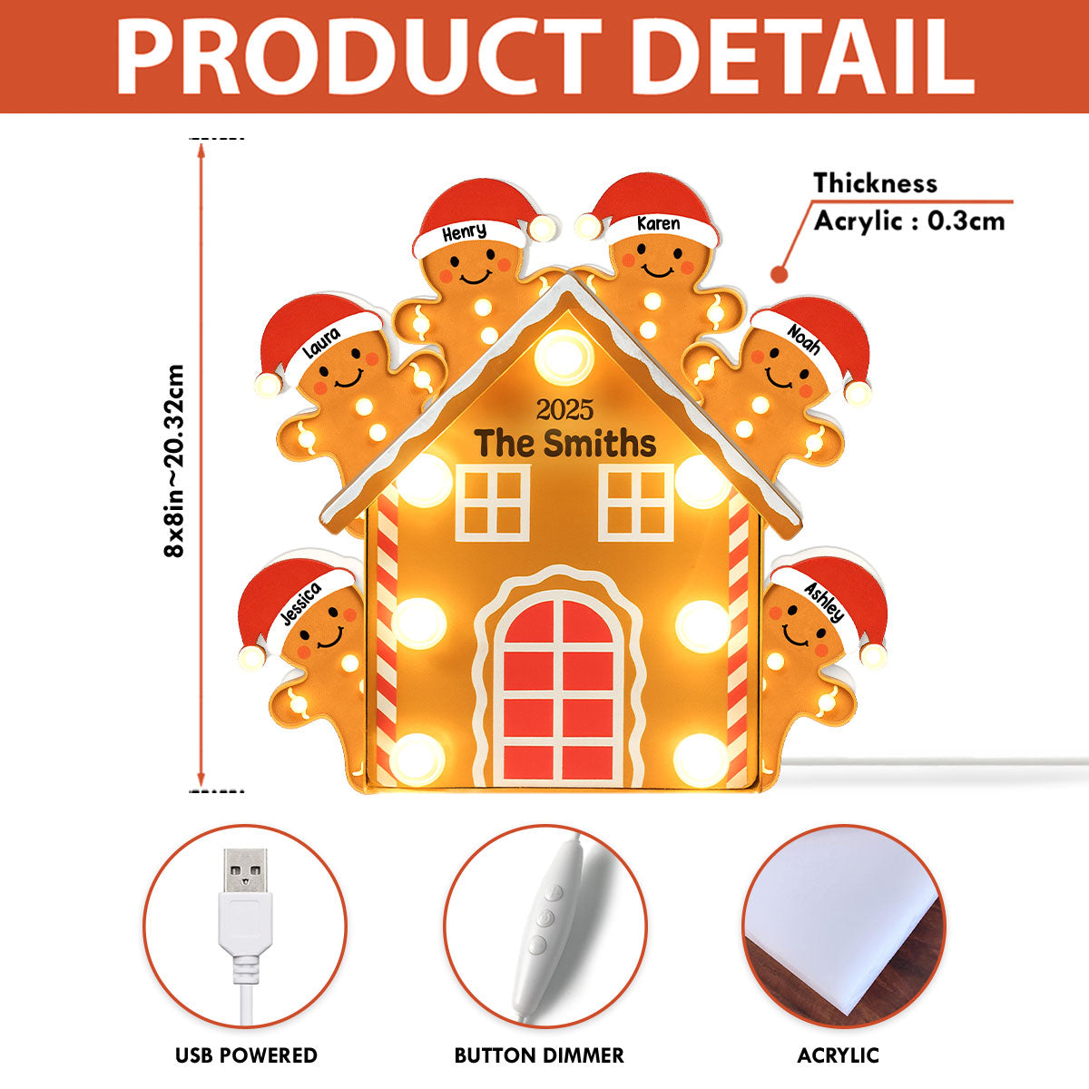 Gingerbread House Family Marquee Effect Personalized LED Light Box, Christmas Decoration
