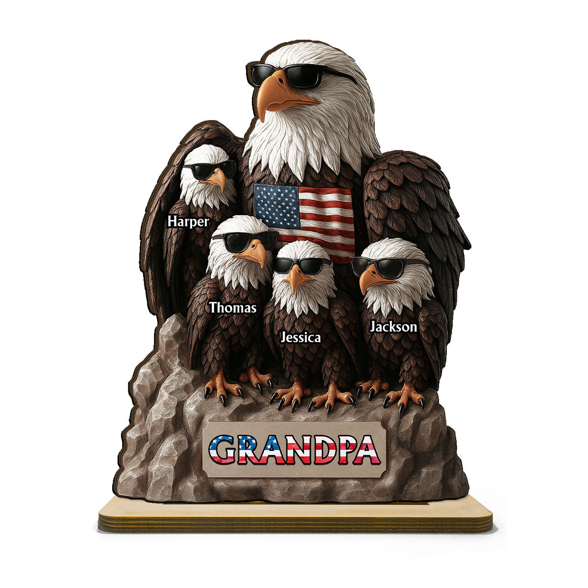Patriotic Eagle Grandpa Dad & Kids 3D Effect Personalized Standing Wooden Plaque, Gift For Dad Grandpa
