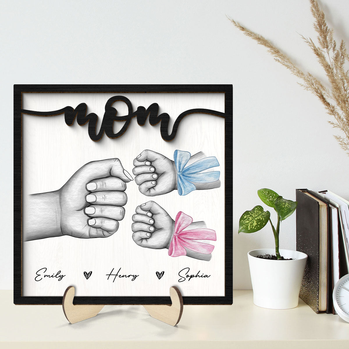 Mom And Kids Fist Bump With Bows Gift For Mom Personalized 2-Layer Wooden Plaque