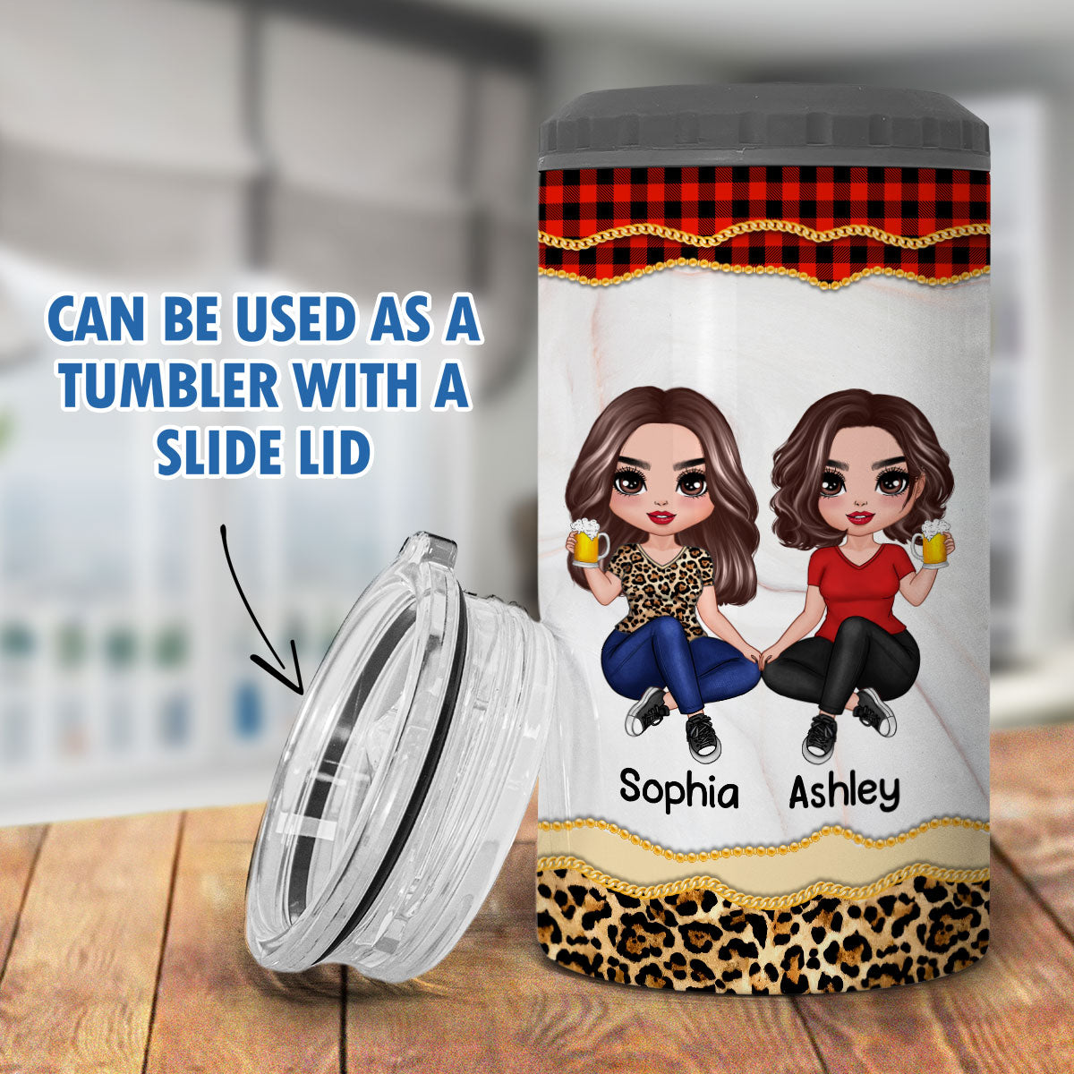 Leopard And Red Plaid Best Friends Personalized 4 In 1 Can Cooler