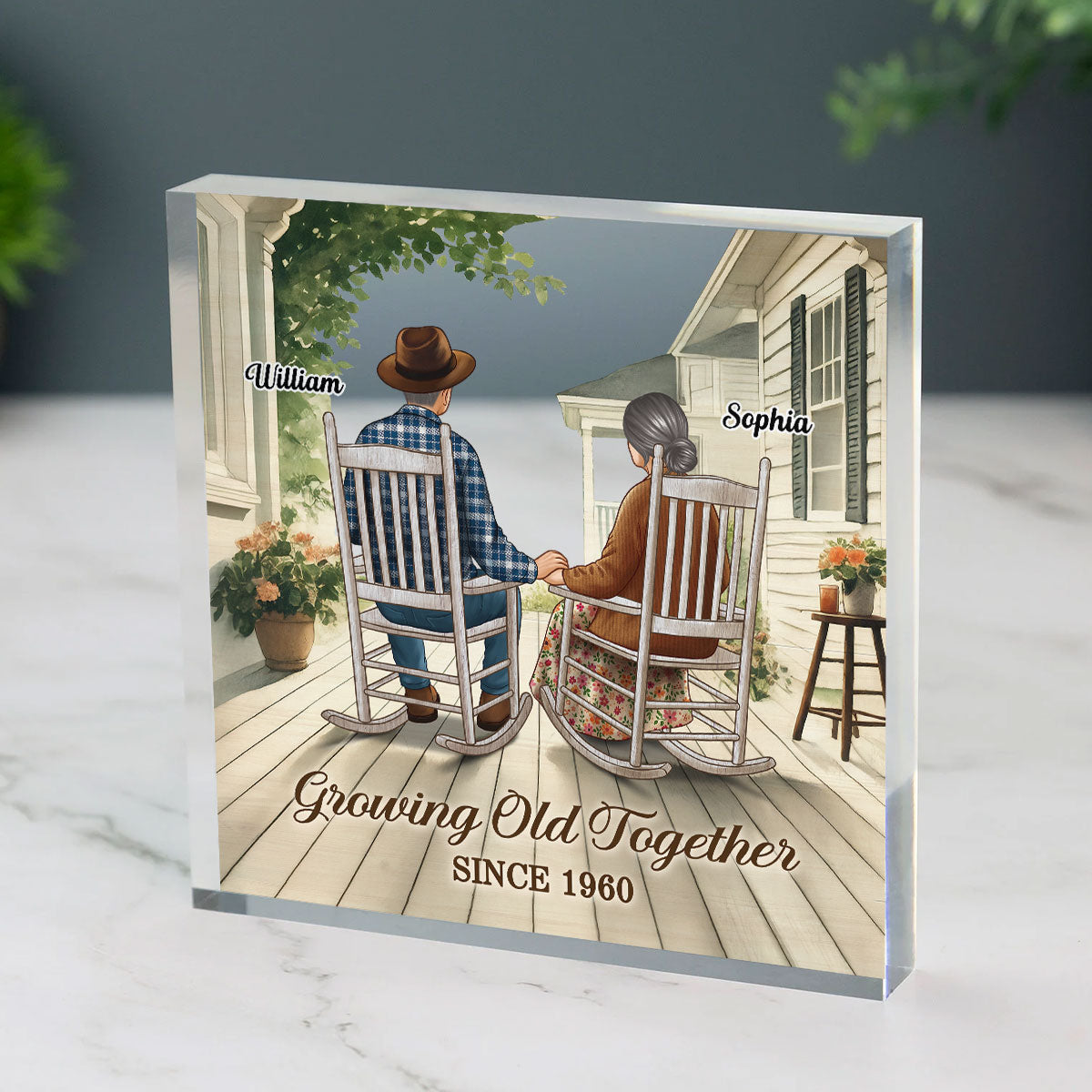 Old Couple Sitting On The Porch Personalized Square Acrylic Block Plaque, Heartfelt Gift For Couple, For Him, For Her, Husband, Wife