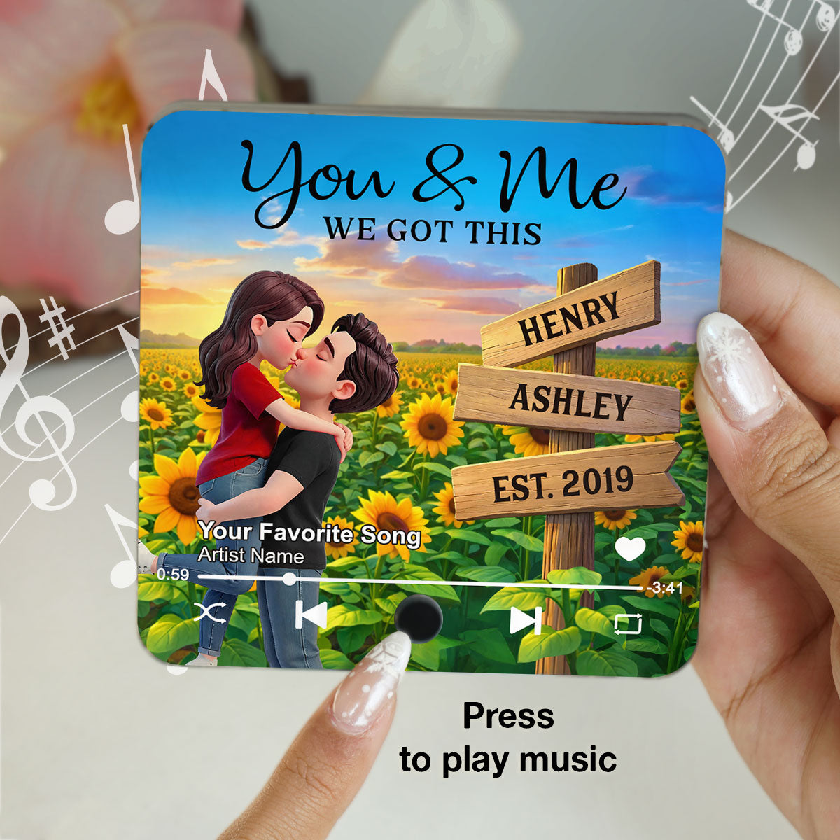 Everlasting Love Couple Hugging Kissing Sunflower Field Sign Posts - Personalized Music Fridge Magnet - Valentine's Day Gift For Couple