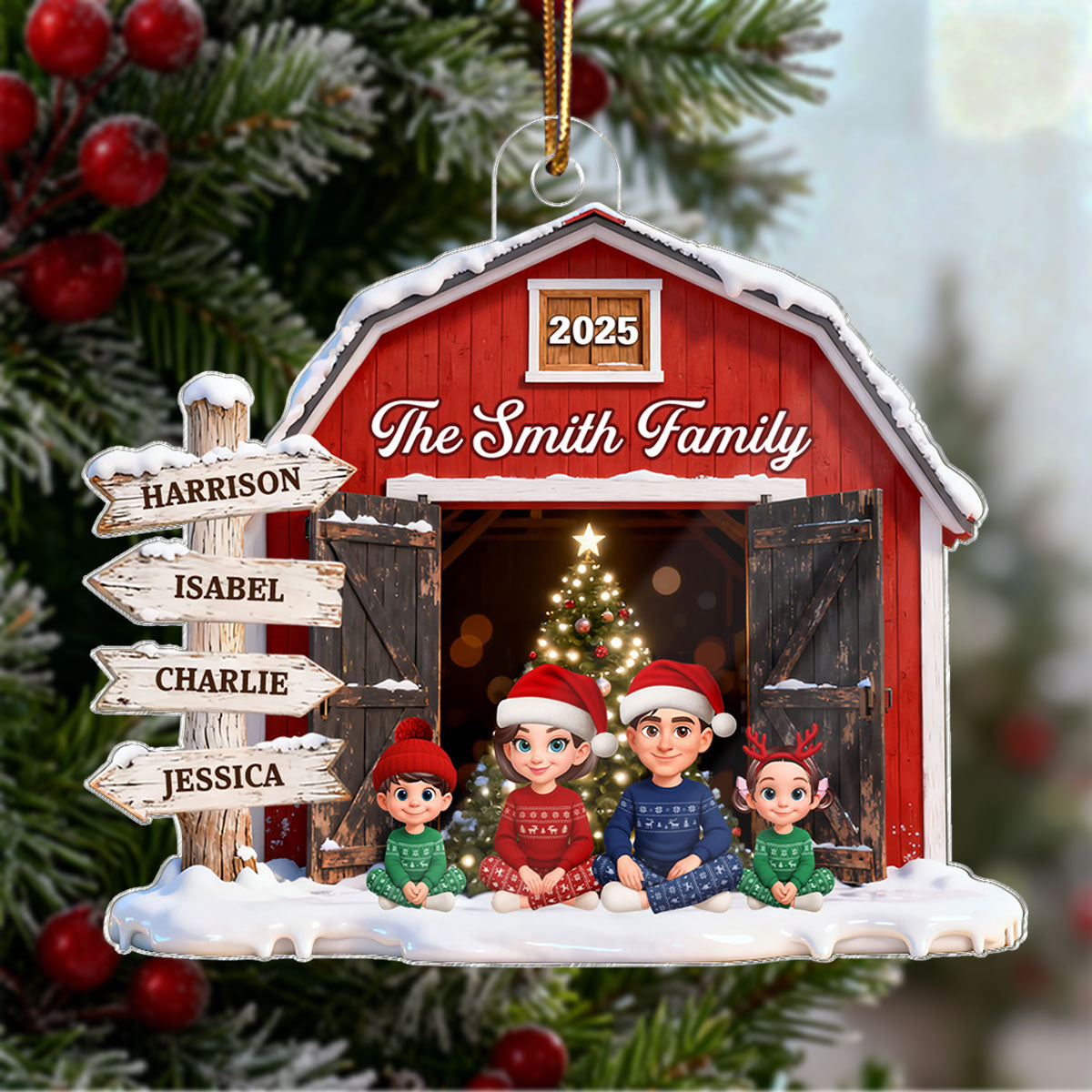 3D Effect Christmas Nostalgia Barn House Family Sign Posts Family Together - Personalized Acrylic Ornament - Gift For Family, Farmhouse Decor