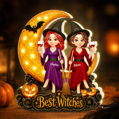 Witch Besties Sitting On Moon 2D Flat - Personalized Light Box - Halloween Gift Decoration