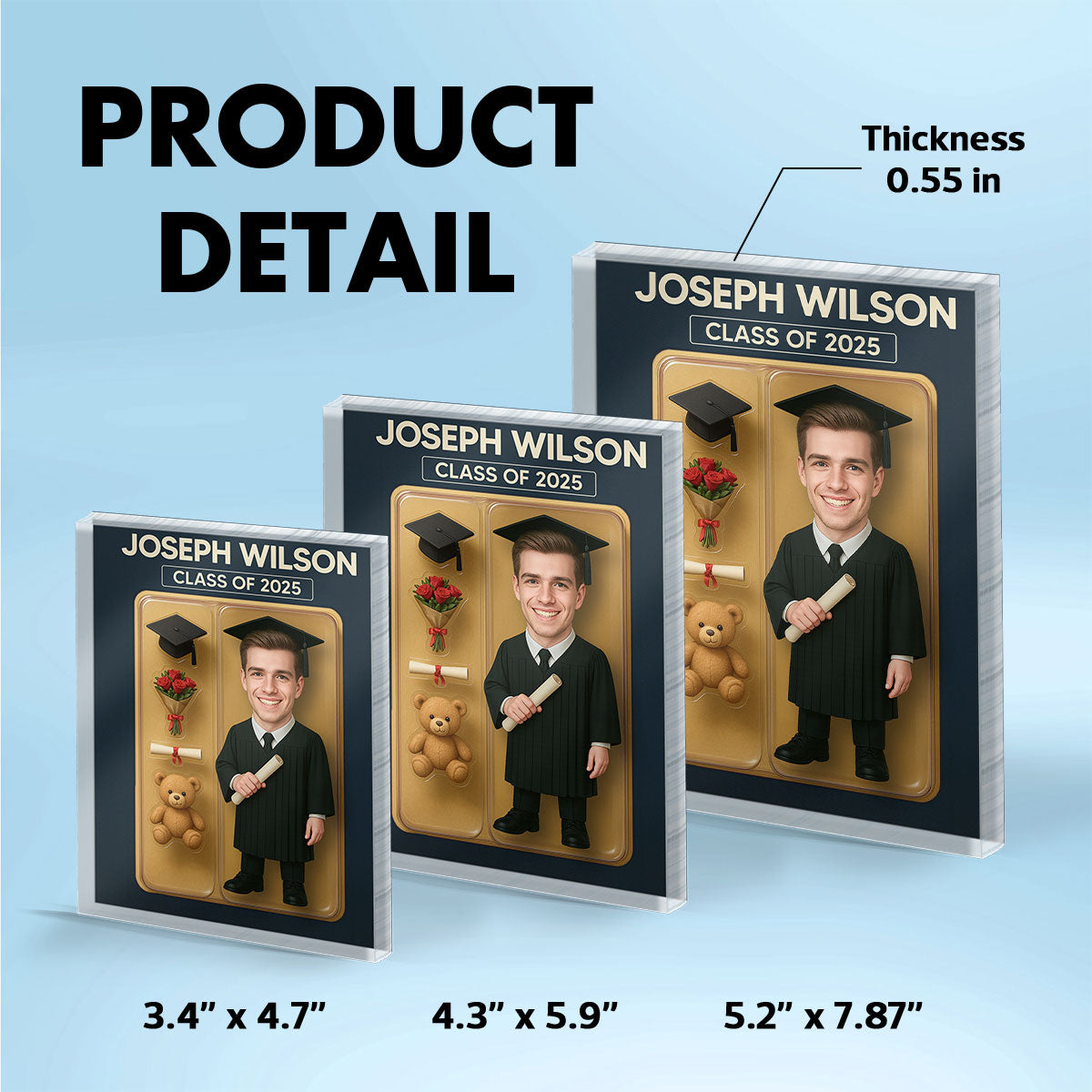 [MALE version ONLY] - 3D Effect Graduation Custom Figure Personalized Flat Rectangle Acrylic Block Plaque, Unique Keepsake, Graduation Gift