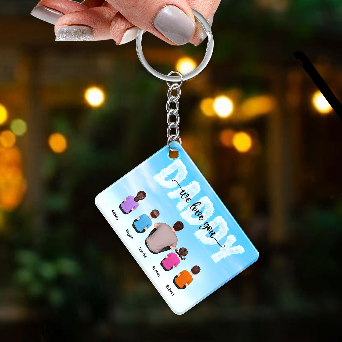 Blue Cloud Back View Dad And Kids Dogs Cats Sitting Personalized Acrylic Keychain