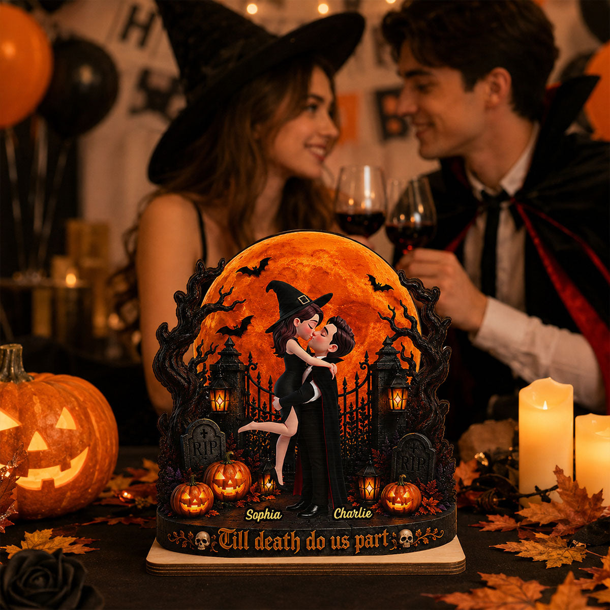 Eternal Love Couple Under Halloween Moon Light - Personalized 2-Layered Wooden Plaque - Halloween Gift For Couple
