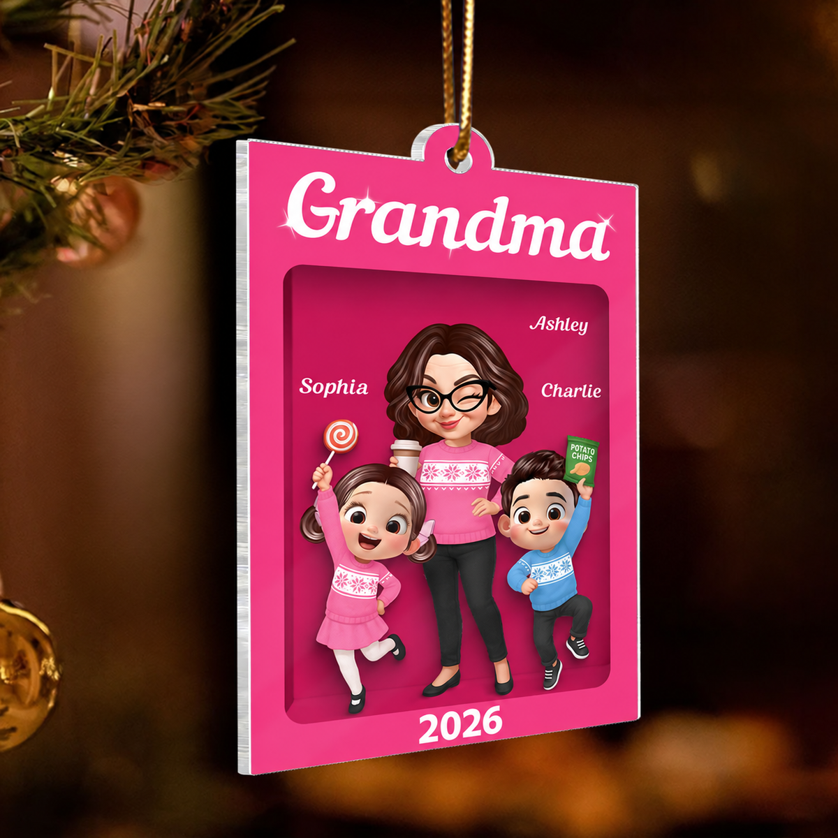 Cute Grandma And Grandkids Action Figure Personalized Acrylic Ornament - Unique Christmas Gift For Grandma