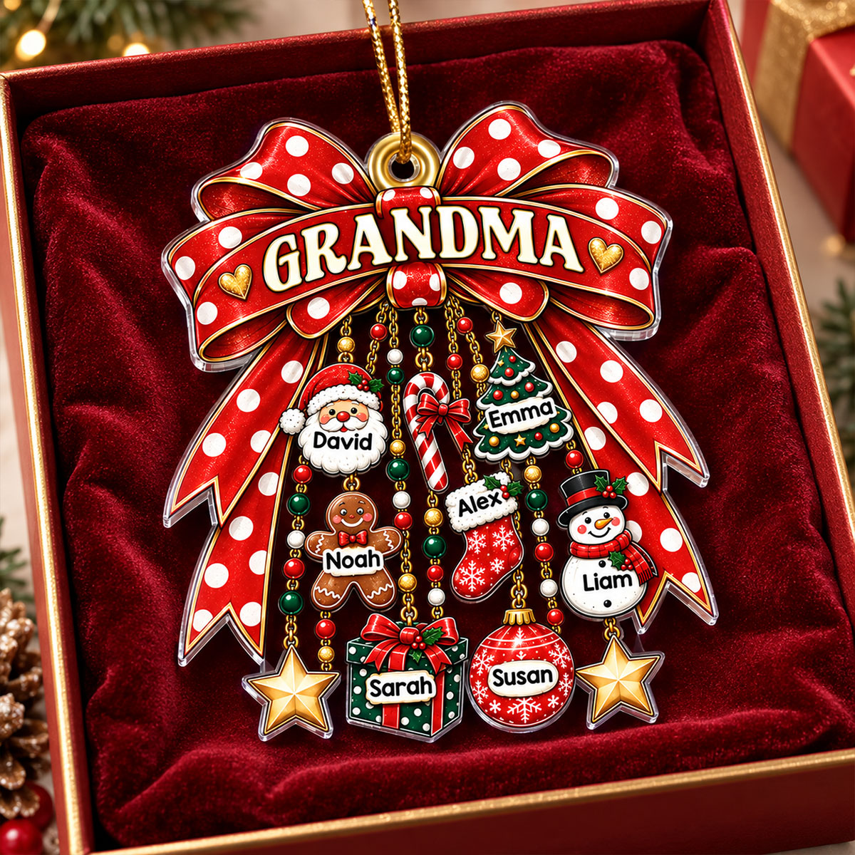 Grandma Retro Christmas Charm Bow - Personalized Acrylic Ornament - Thoughtful Christmas Gift for Grandma