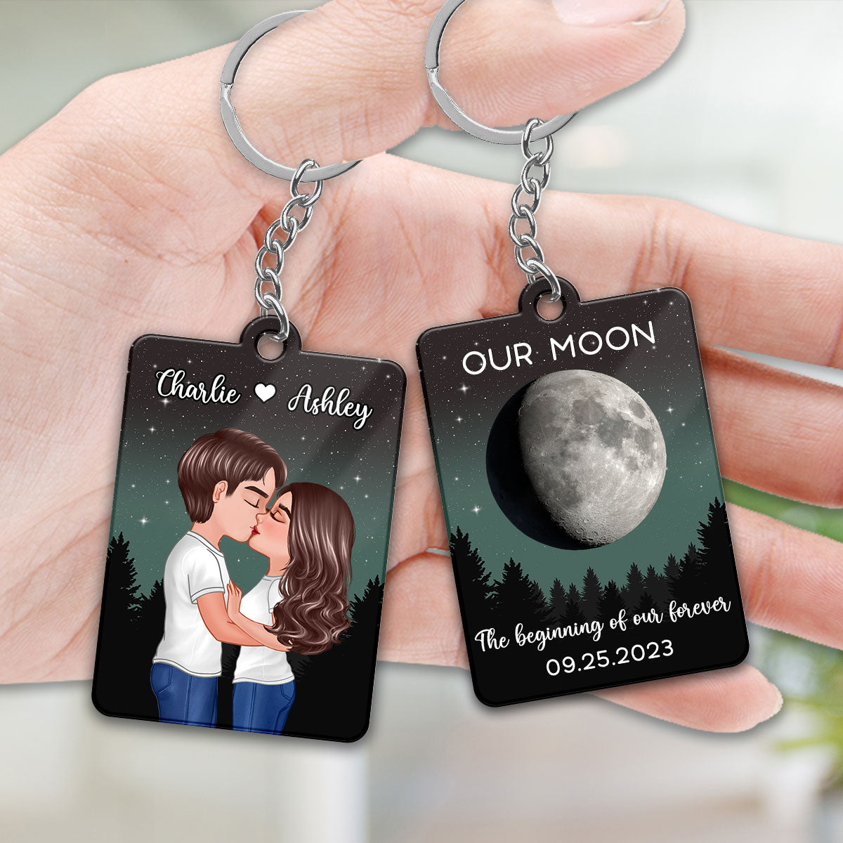 Couple Kissing In Galaxy Night Moon Phase Art Personalized Acrylic Keychain, Gift For Him, For Her