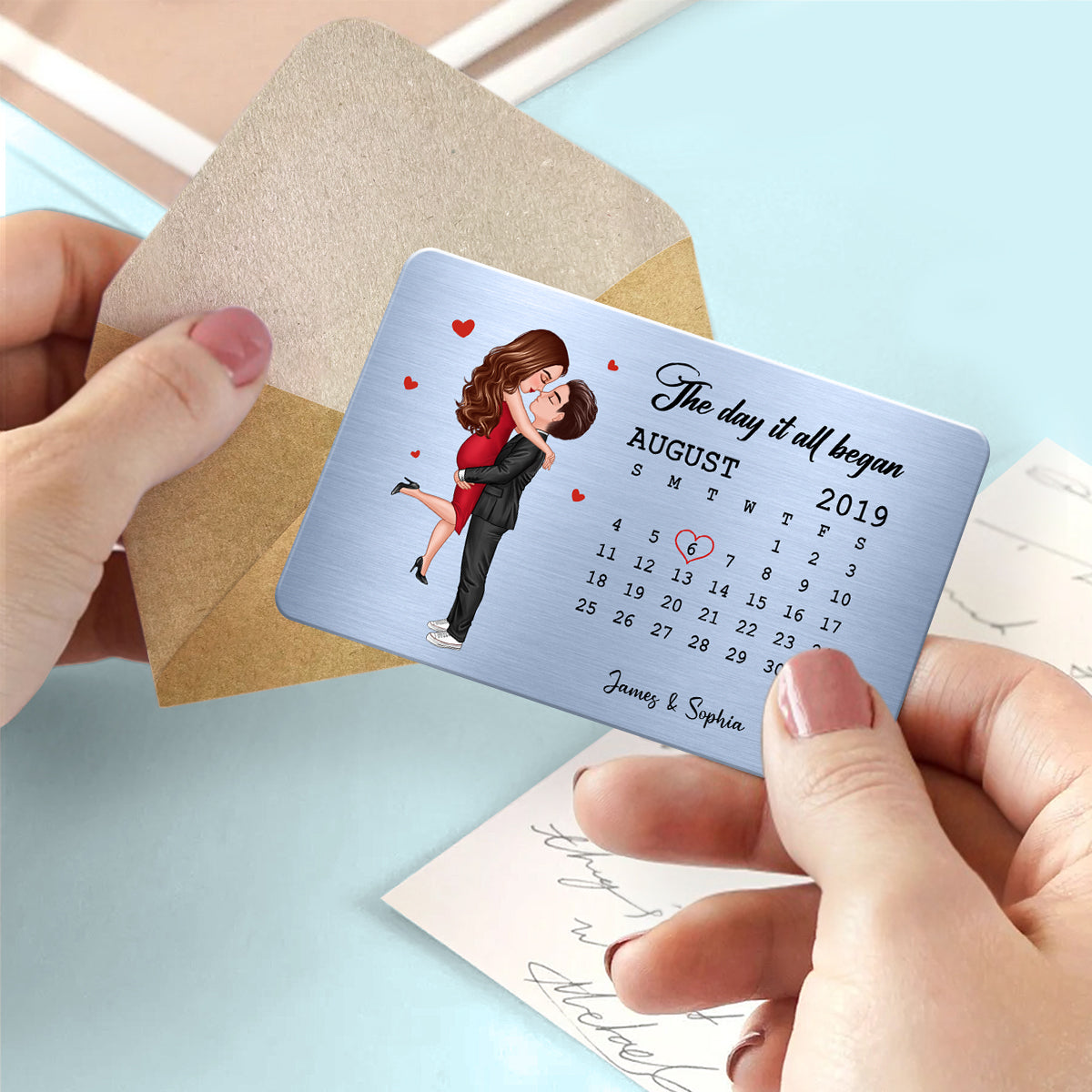 The Day It All Began Hugging Kissing Couple Anniversary Date Personalized Wallet Insert Metal Wallet Card