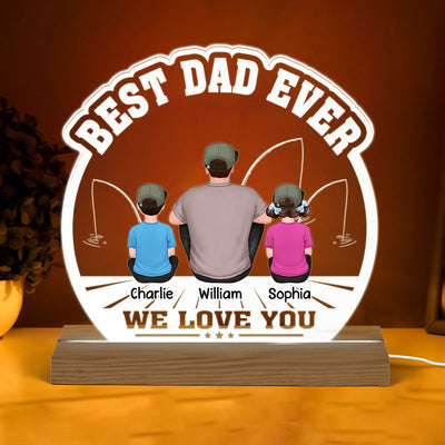 Best Fishing Dad Ever Back View Man And Kids Sitting Personalized Personalized Custom Shape Acrylic Plaque Warm LED Night Light