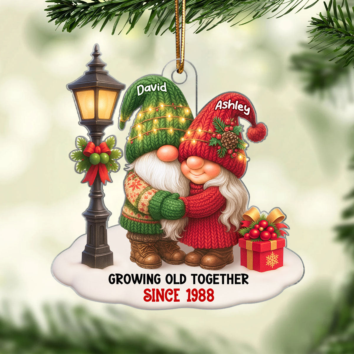 Gnome Christmas Couple Growing Old Together Personalized Acrylic Ornament, Gift for him, for her