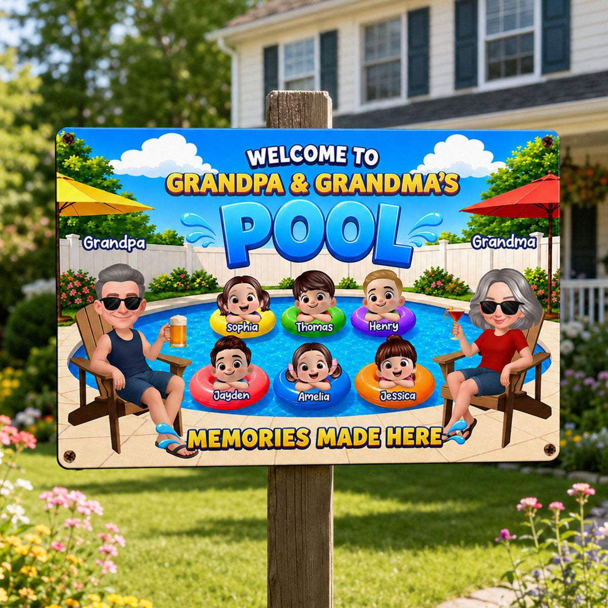 Welcome To Grandma Grandpa Pool Summer - Personalized Metal Sign - Gift For Grandparents, Summer Decoration