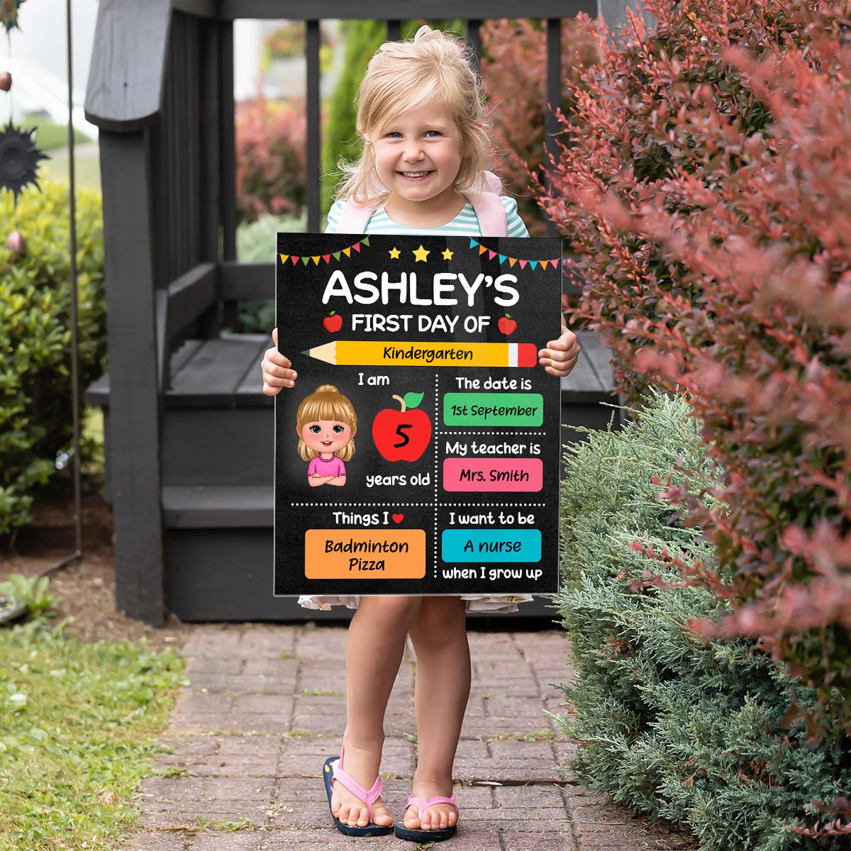 Doll Kid First Day Of School Personalized Board Sign, Editable, Reusable Back To School Sign