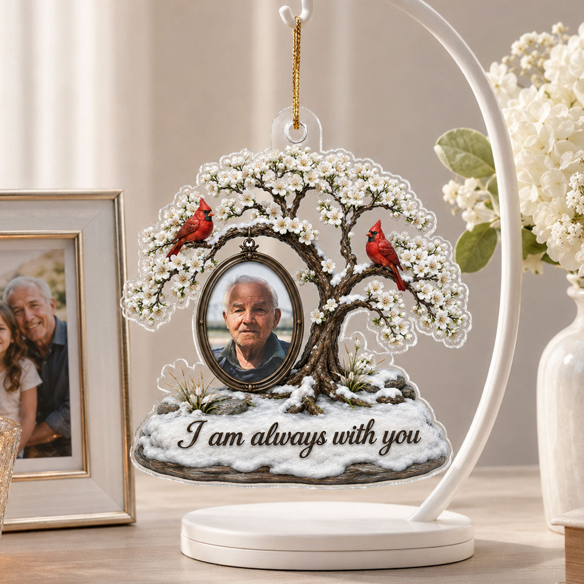 Cardinal Blossom Tree Custom Photo of Lost Loved One - Personalized Acrylic Ornament - Memorial Gift, Sympathy Gift