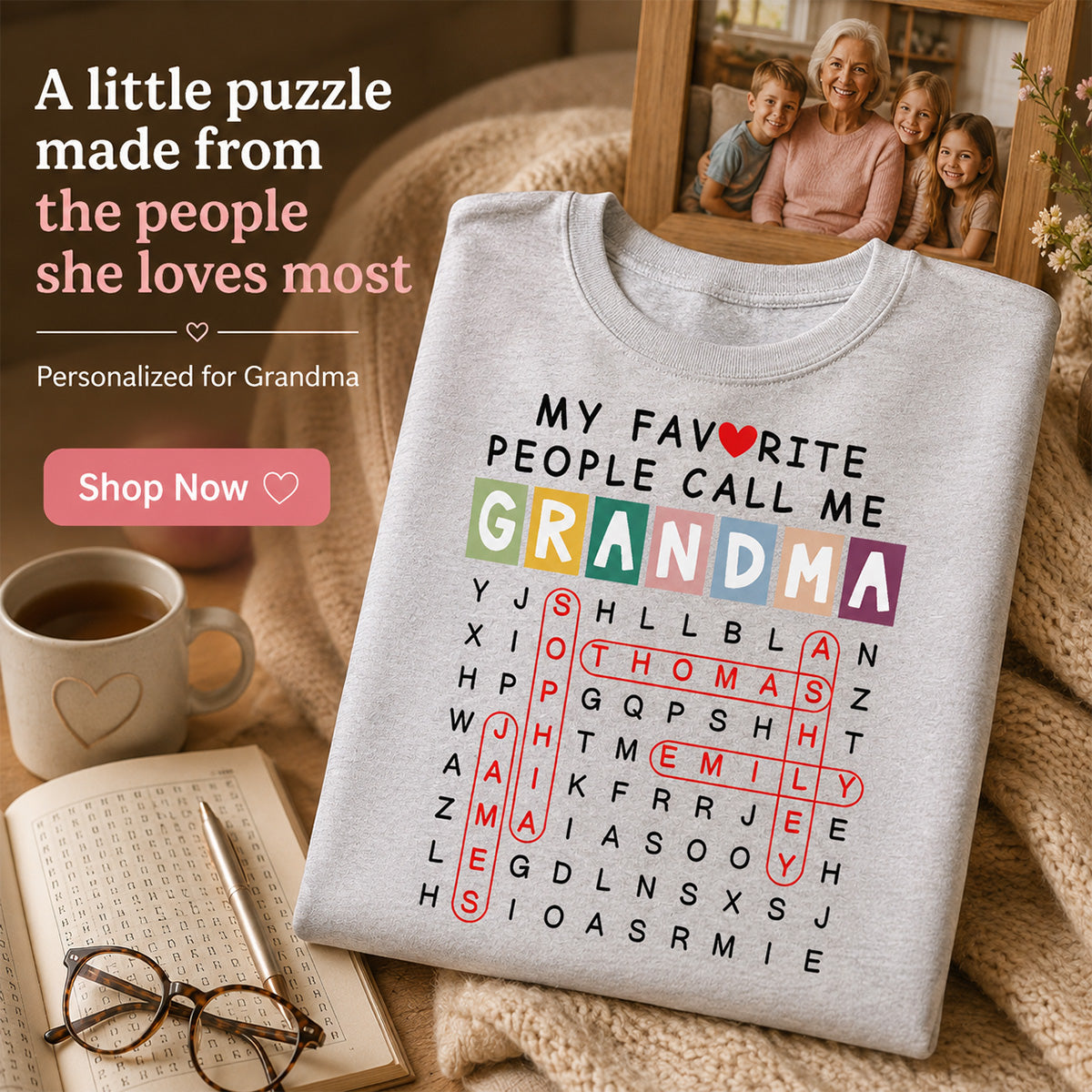 Favorite People Call Me Grandma Word Search Puzzle - Personalized Shirt - Heartfelt Gift For Grandma, Mom