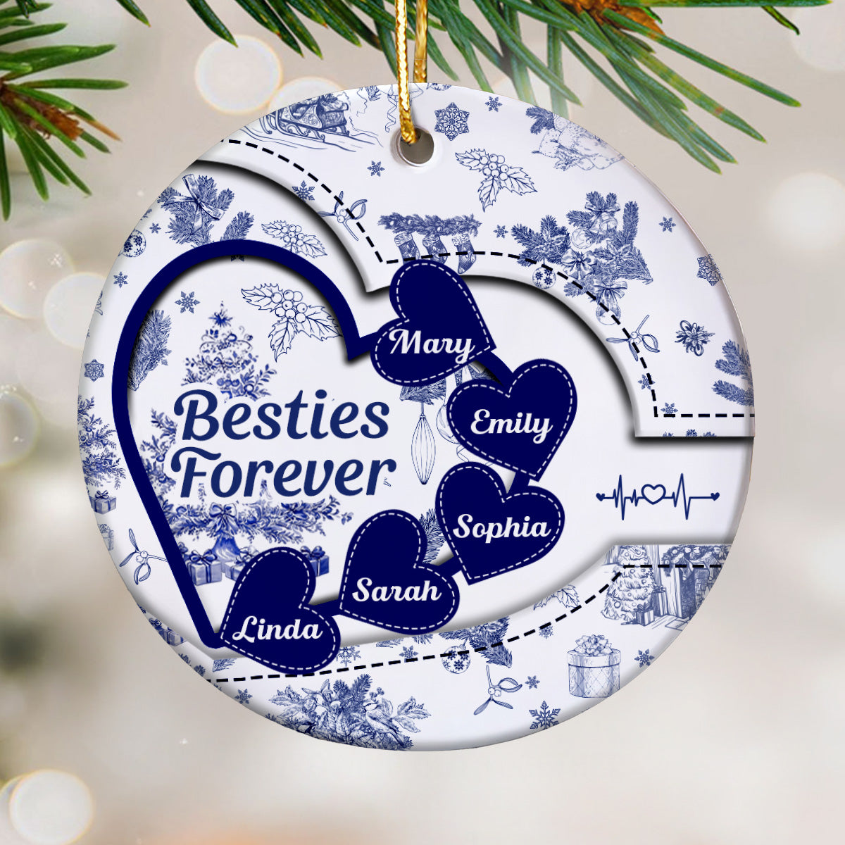 Besties With Hearts Toile De Jouy Style Personalized Circle Ornament